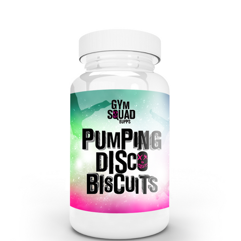 "Gym Squad Supps Pumping Disco Biscuits - High-energy pre-workout supplement designed to boost focus, endurance, and performance for elite athletes and fitness enthusiasts."